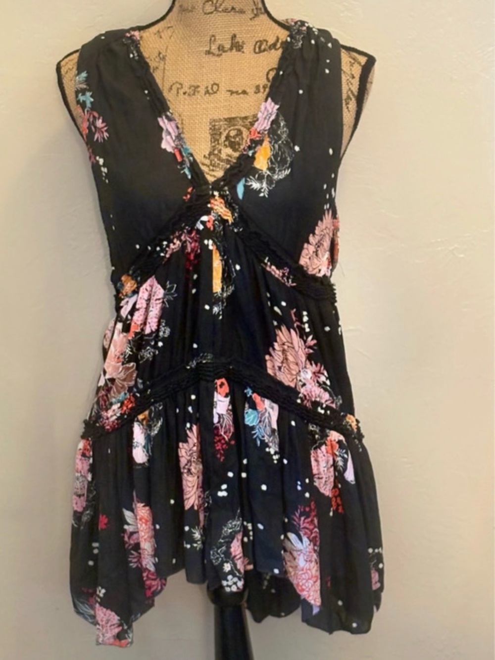 Free People Black Floral Boho Mini Dress Sleeveless Flowy Small